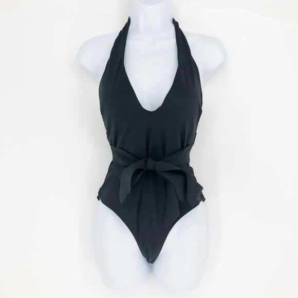 SEA LEVEL Dark Romance Bonded Belt Plunge One Piece Swimsuit Black 10 Halter Bow - Picture 3 of 11